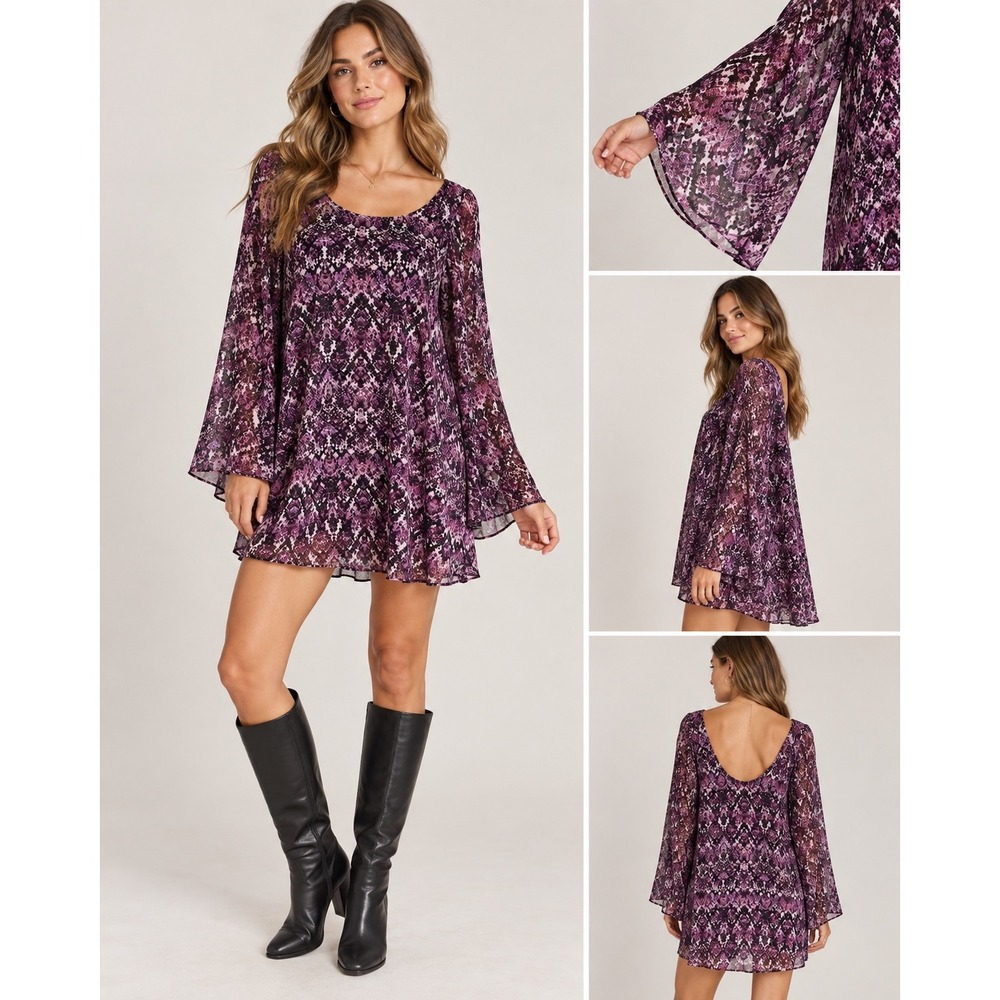 NWT Show Me Your Mumu Purple Snakeskin Bell Sleeve Mini Dress XS Chiffon